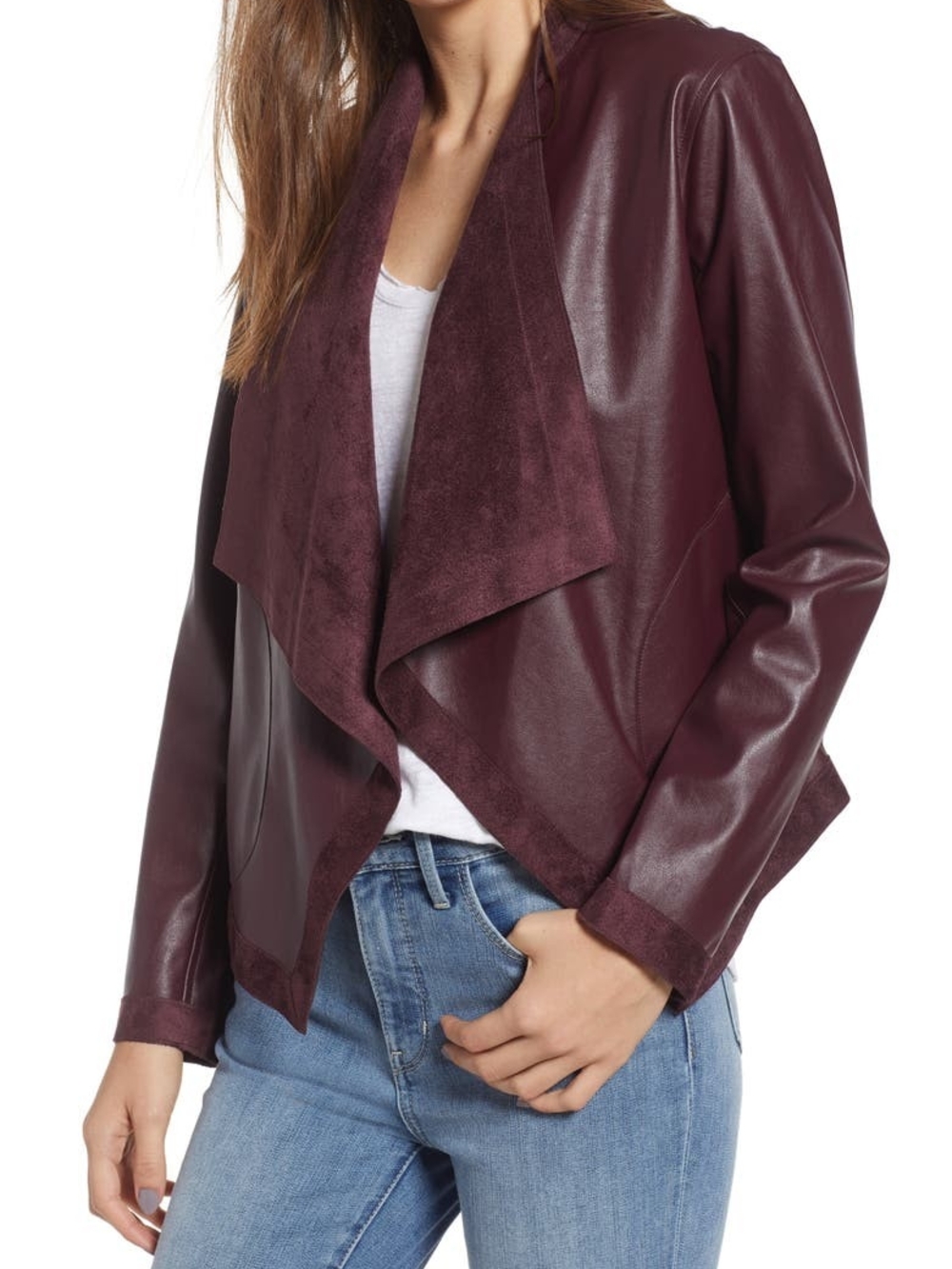 BB Dakota Draped Open Faux Leather Jacket - Burgundy Wine